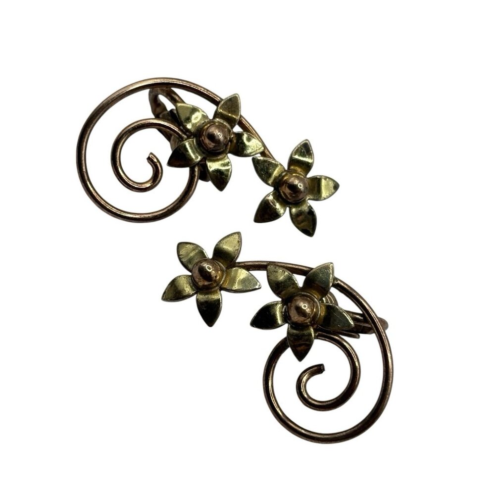 VTG‎ Sterling Silver 925 Floral Ear Climber Swirl Earrings Gold Plated Clip On